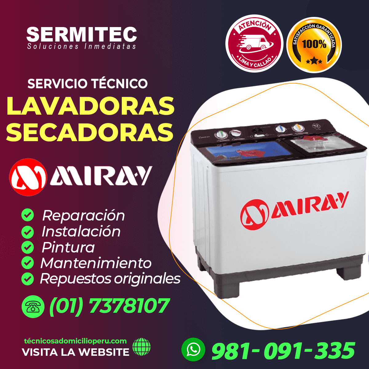 MANTENIMIENTO LAVADORAS MIRAY - 981091335 / LA PUNTA- CALLAO